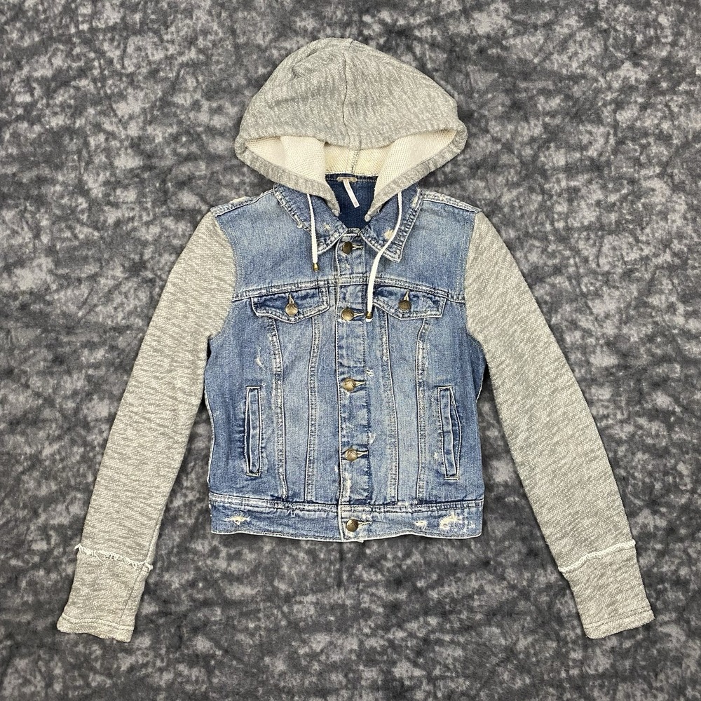 Free People Denim Jean Jacket Womens Size XS Gray Knit Hoodie Collared Button